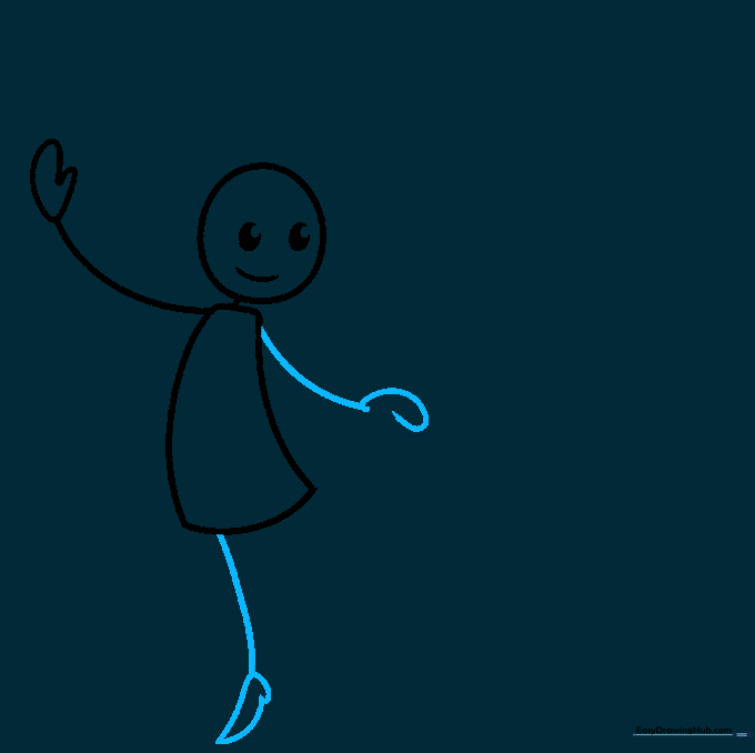 The second arm is added with a spiral hand, and one leg is drawn with a pointed high-heeled shoe.