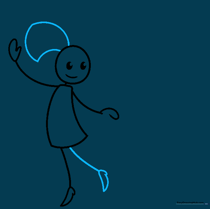 The first stick figure is completed with two legs, shoes, and stylized hair.