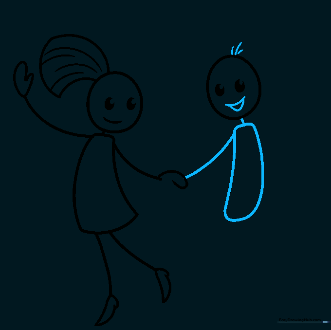 The second dancer's face, hair, and torso are drawn, with an arm reaching toward the first dancer.