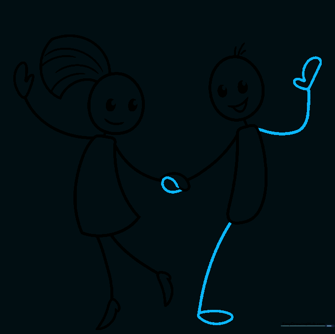 The two stick figures are now connected by their hands, with legs drawn in a dancing pose.