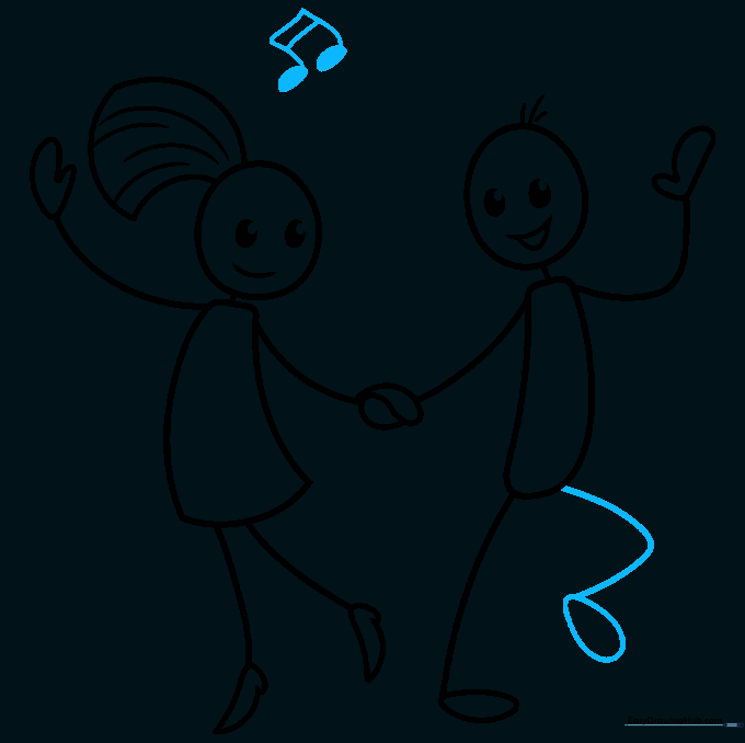 The dancing stick figures are complete, and a musical note is added above them.