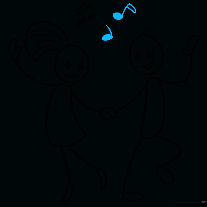 Multiple musical notes are added around the dancing stick figures to complete the scene.