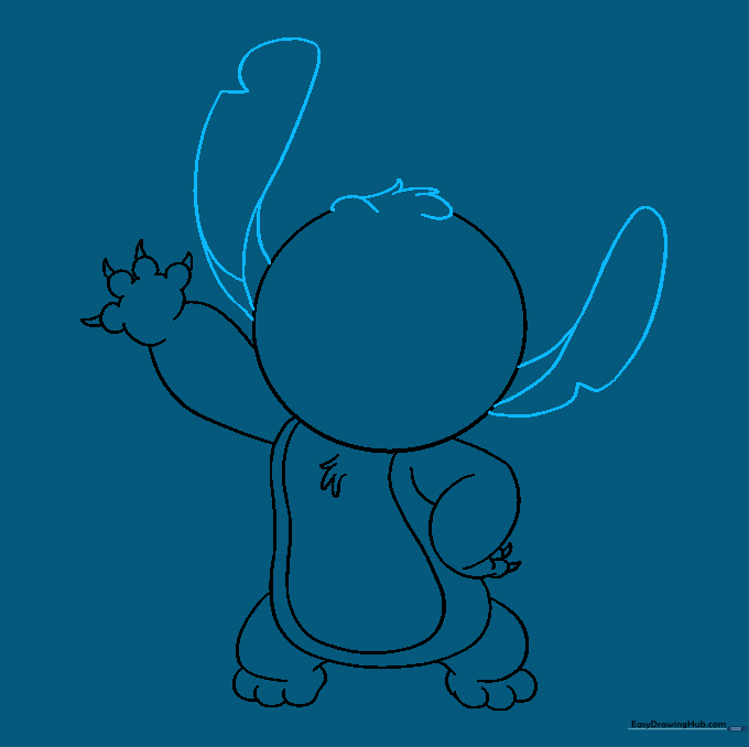 Adding the large ears and head fur details to the Stitch drawing.