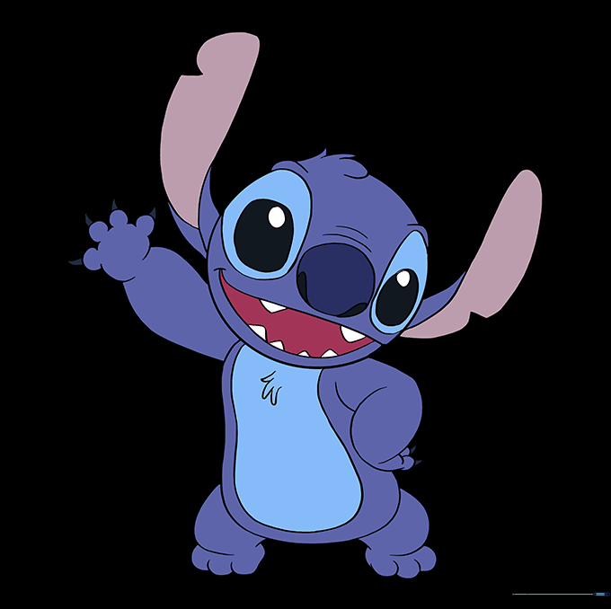 The completed and colored drawing of Stitch.