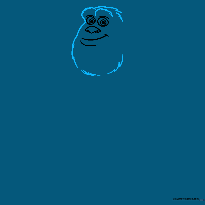 Drawing Sully's head outline using jagged, fur-like strokes to create texture.