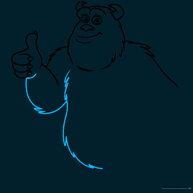 Outlining Sully's torso and arm with jagged lines to represent fur texture.