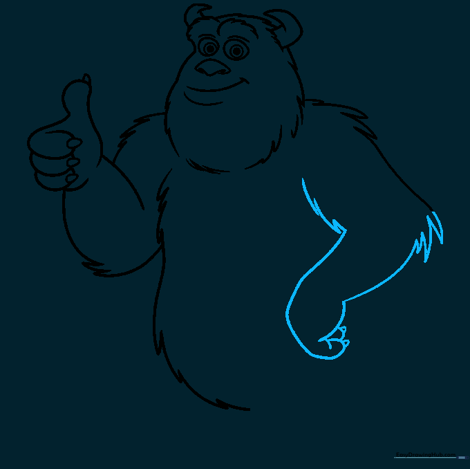 Drawing the second arm and hand of Sully with consistent fur texture.