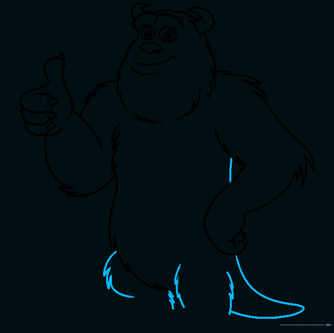 Sketching Sully's legs and tail with jagged fur-like outlines.