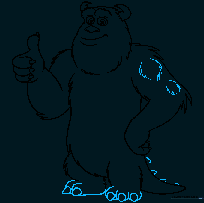 Adding details like toes, claws, and tail spikes to the Sully drawing.