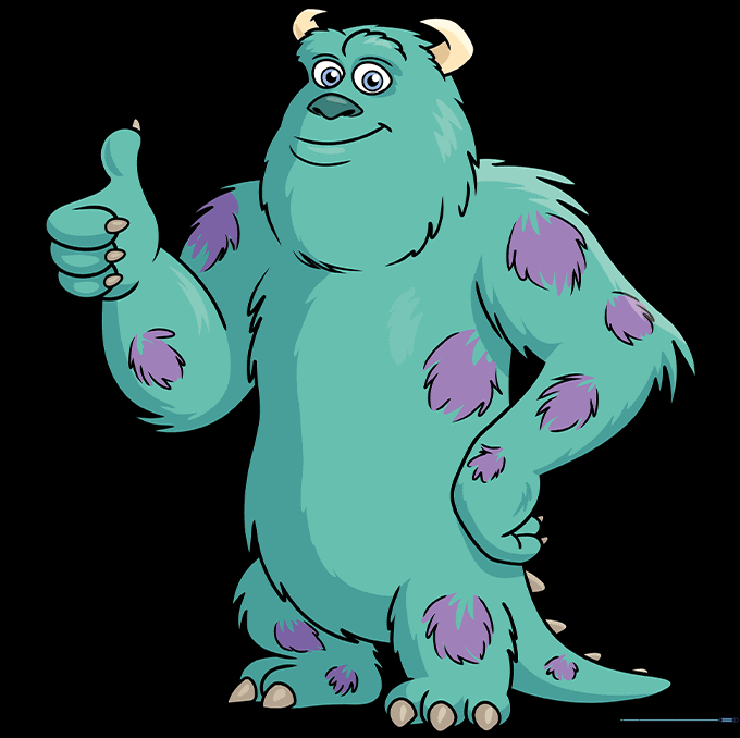 Final colored drawing of Sully from Monsters, Inc. with teal fur and purple spots.