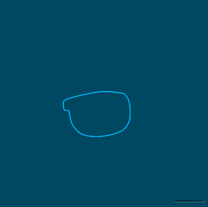 Pencil sketch showing the initial outline of the left sunglasses frame with a small rectangular hinge area.