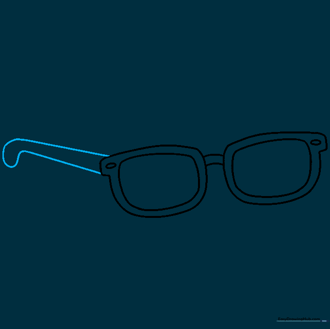 The left arm of the sunglasses extending from the frame and curving to form the ear hook.