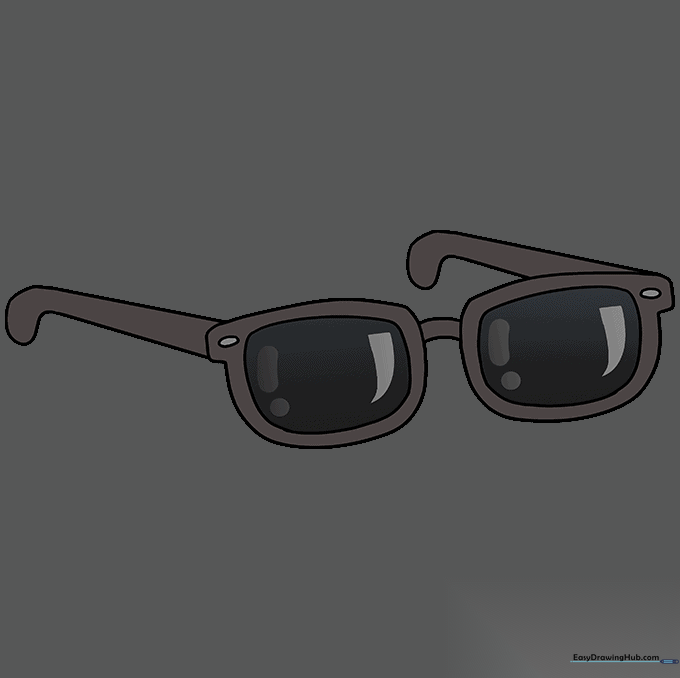 The finished sunglasses drawing fully colored with dark lenses and bright frames.