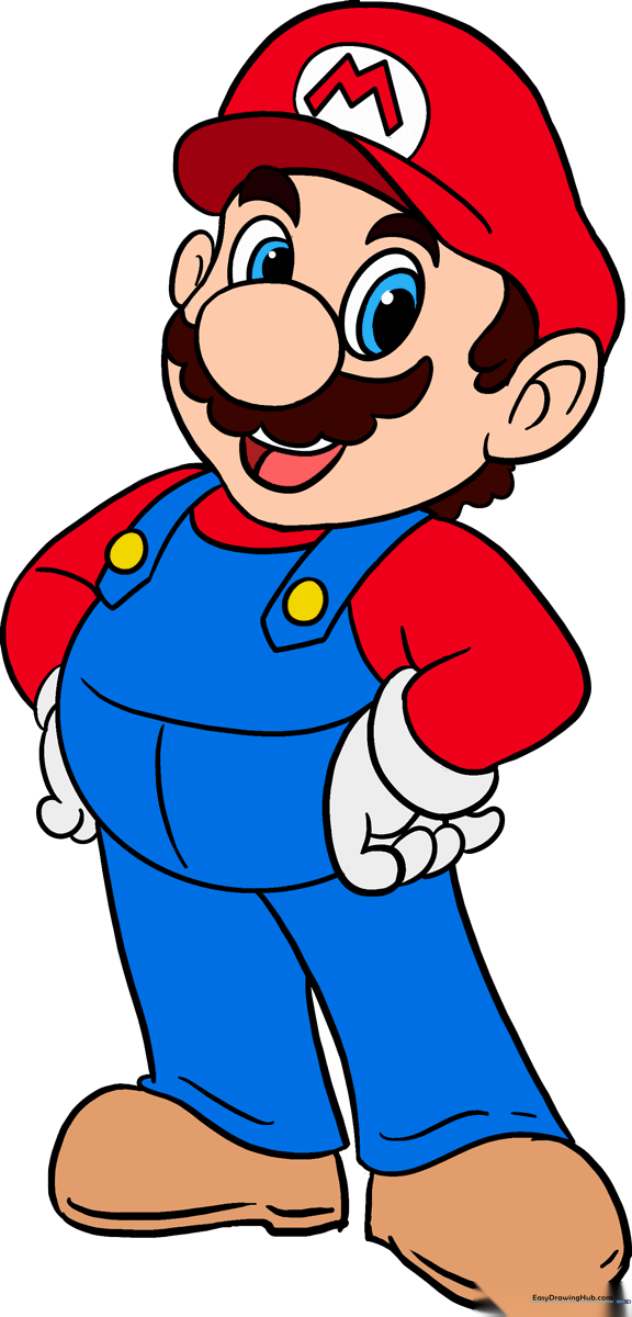 A vibrant, finished illustration of Super Mario ready for coloring.