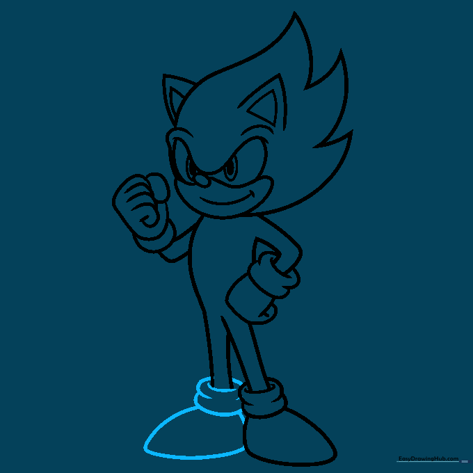 Finalizing the shape of both shoes for the Super Sonic drawing.