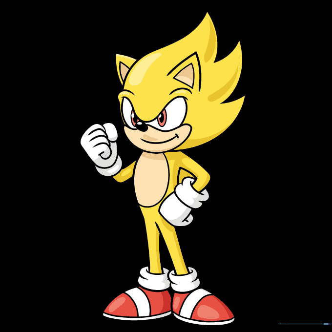 Finished, colored illustration of Super Sonic in gold and red.