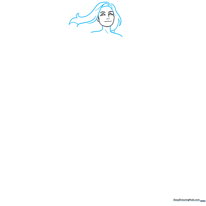 Supergirl drawing showing hair strands flowing and the start of the neck and shoulder lines.