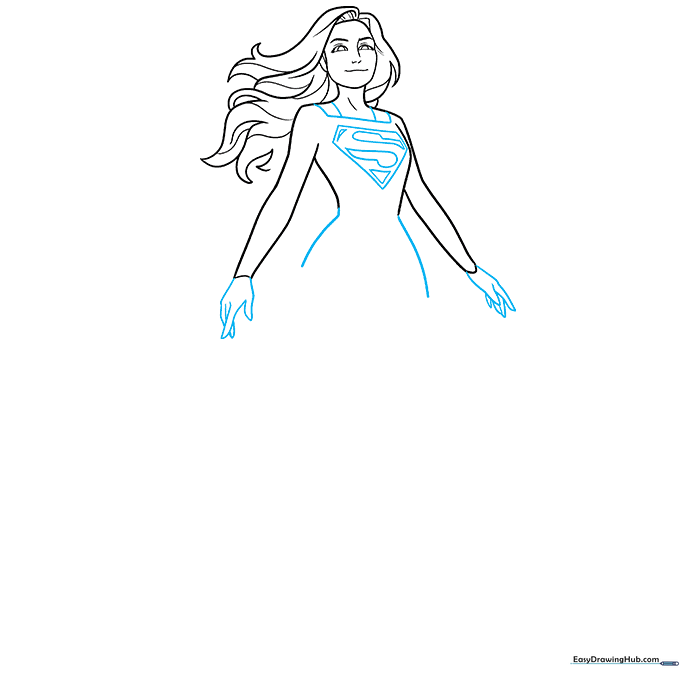 Supergirl drawing showing the chest logo and hand placement.