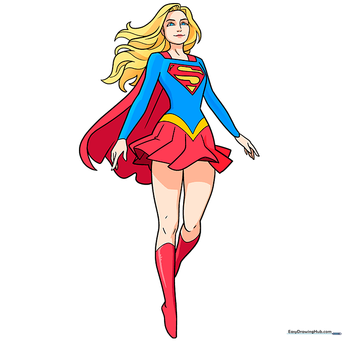 Fully colored drawing of Supergirl in her classic blue and red costume.