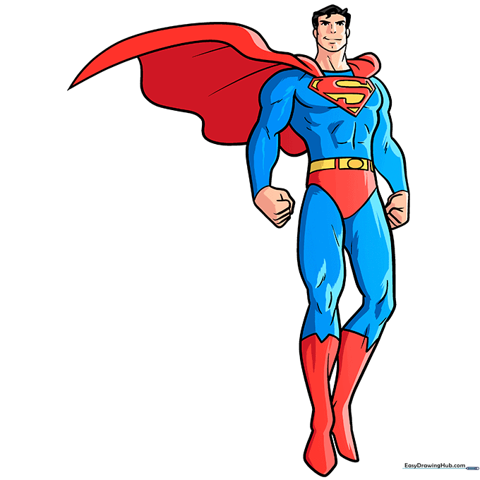 The finished, colored Superman drawing with blue suit, red cape, and yellow accents.