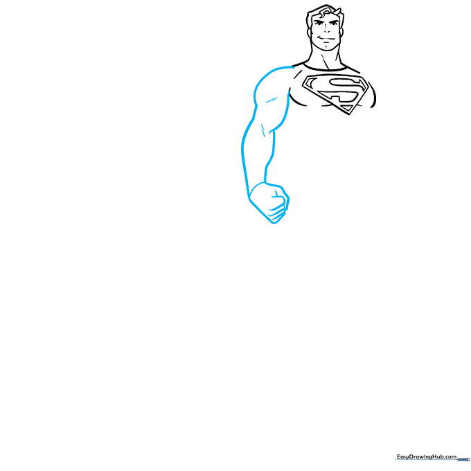 Detailed sketch of Superman's muscular arm and hand.