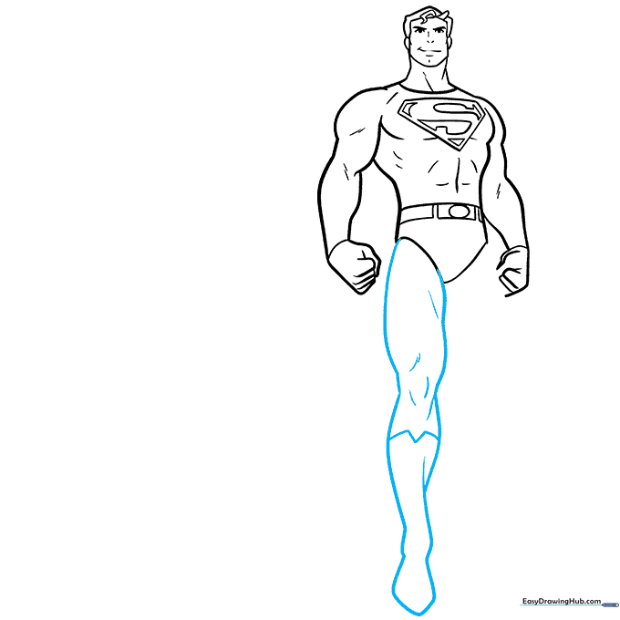 Drawing the first leg with defined calf muscles and boot top.