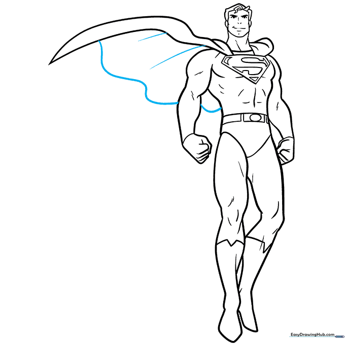 Completing the cape with wavy lines to suggest movement.