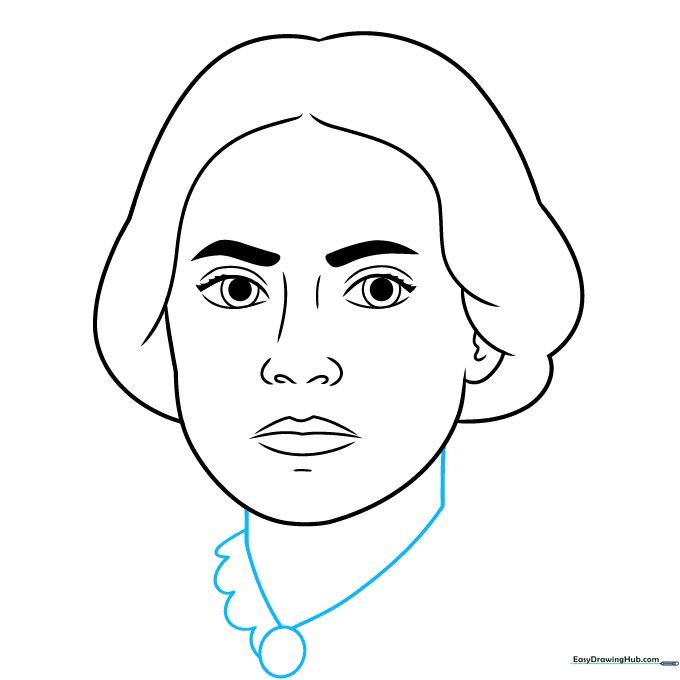 Drawing the neck and the collar with a central button detail.