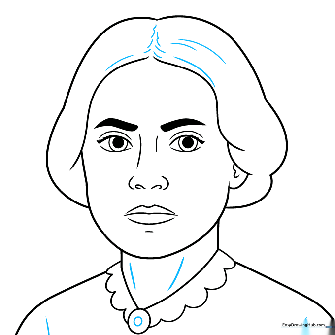 Adding fine details and texture lines to the hair and dress.