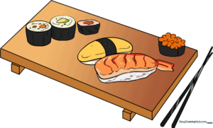 A colorful, finished illustration of a sushi platter with chopsticks.