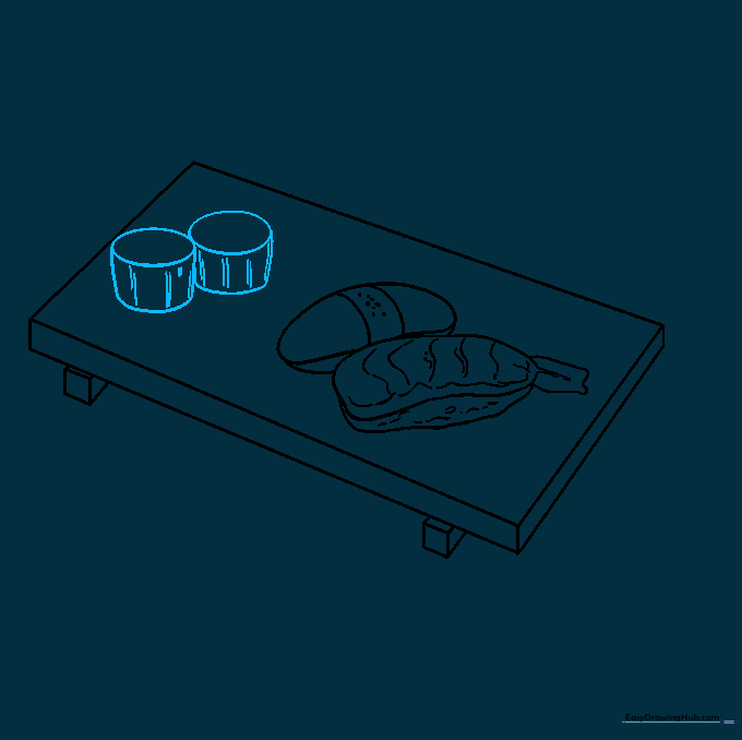 Outlining two circular maki sushi rolls on the tray.