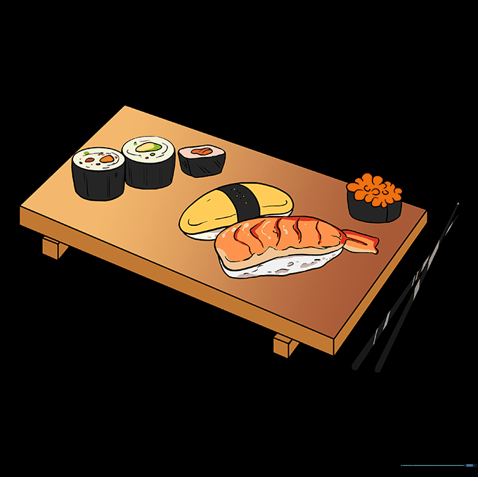 A fully colored and detailed sushi platter drawing.