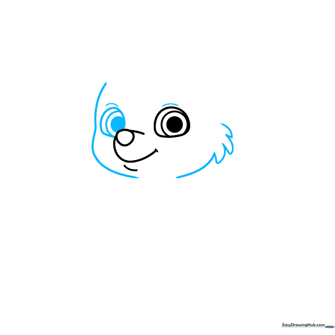 Drawing the eyes and adding shaggy fur texture to the sides of Sweetie's face.