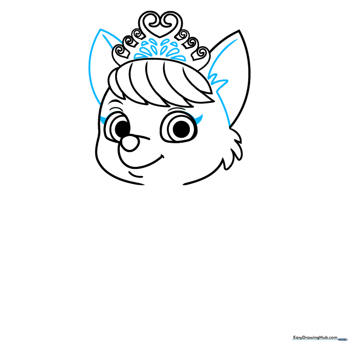 Adding the second ear, tiara gemstones, and eyelashes to the drawing.