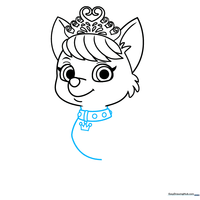 Drawing the neck, collar, and the crown-shaped pup tag.