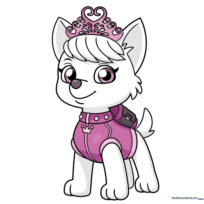 Final colored drawing of Sweetie from PAW Patrol with her signature pink tiara and vest.
