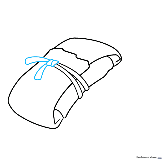 Detailing the knot of the string with irregular shapes and adding loose string ends.
