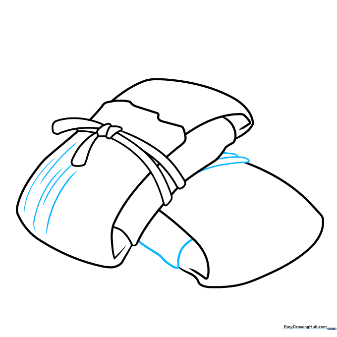 Adding texture lines to the first tamale and drawing strings on the second one.