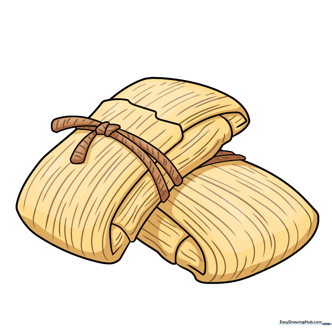 The completed, colored drawing of two tamales tied with string.