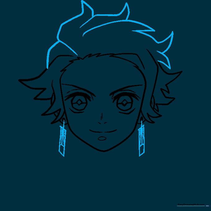 Tanjiro's head showing flame-like hair spikes and detailed earrings.