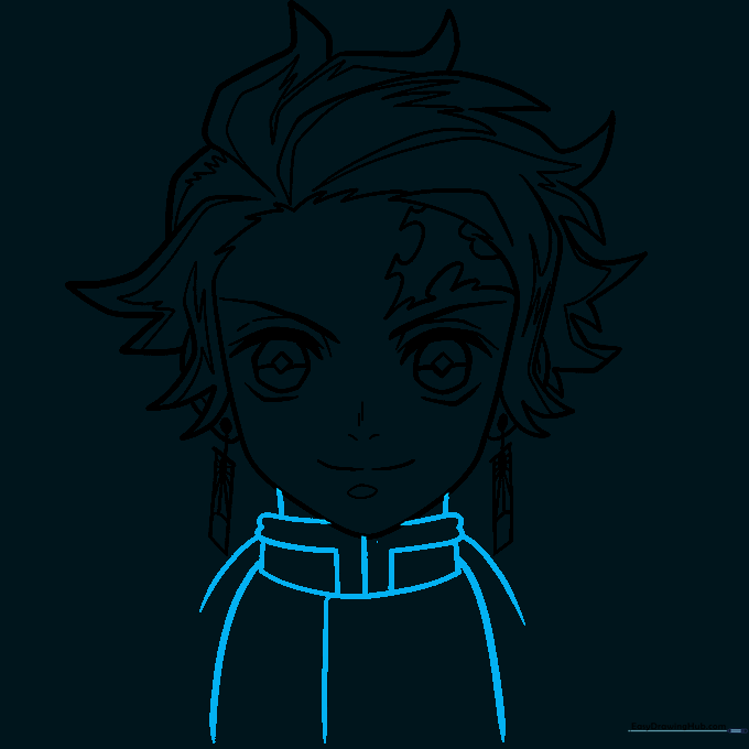 Drawing the collar and neck area of Tanjiro's uniform.