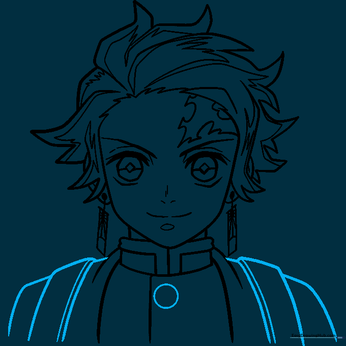 Adding uniform details and fabric folds to the Tanjiro drawing.