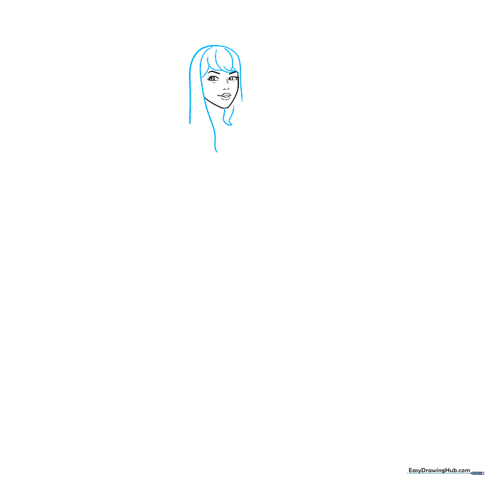 Drawing the outline of Taylor Swift's hair using long, sweeping curved lines around the face.