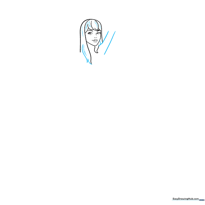 Adding texture lines to the hair and sketching the neck and shoulder area.