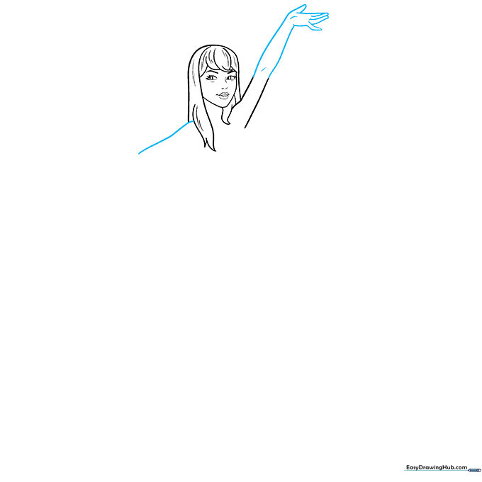 Sketching the arms and elbows with simple, fluid lines.