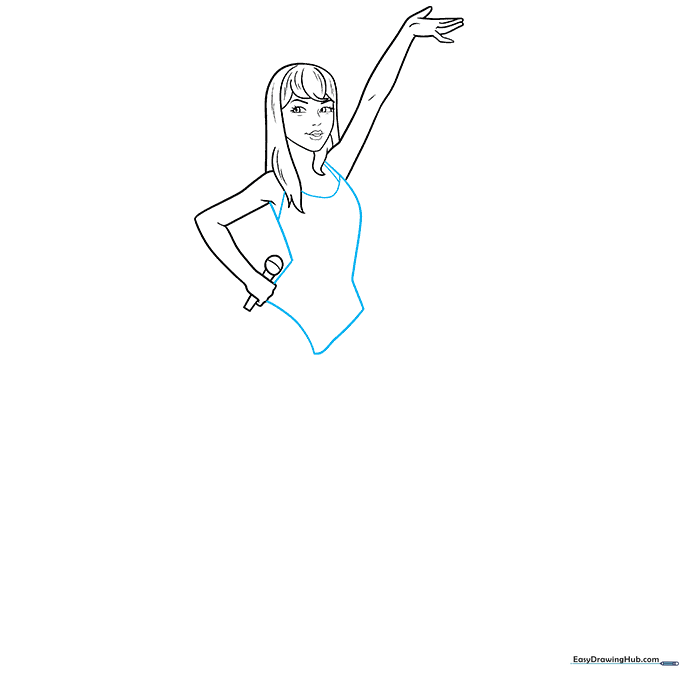 Outlining the torso and leotard design on the figure.