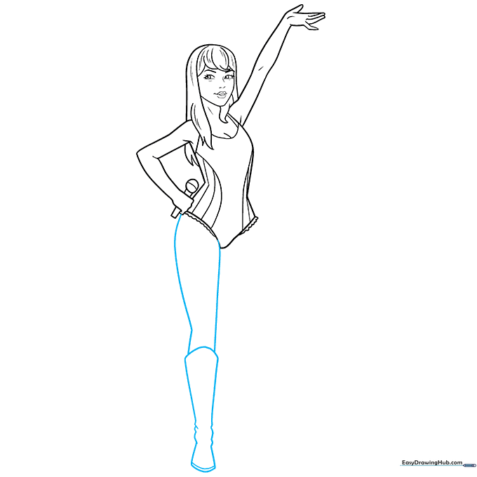 Sketching the legs and boots with decorative ankle patterns.