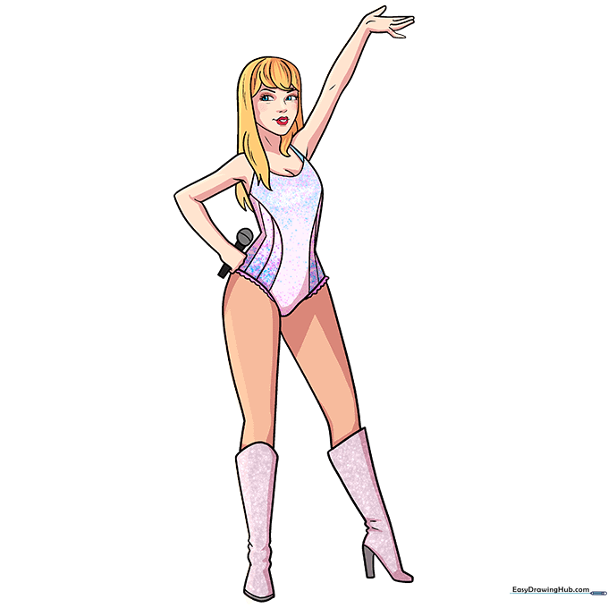 The finished, colored drawing of Taylor Swift in a stage outfit.