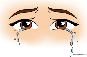A finished, colored drawing of a pair of eyes with realistic tears.