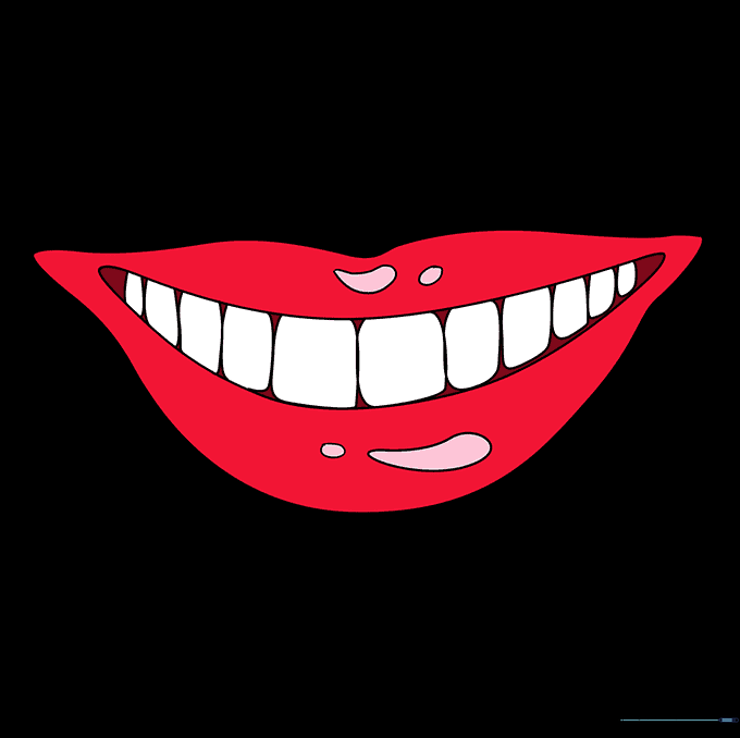 Final colored drawing of a mouth with glossy lips and white teeth.